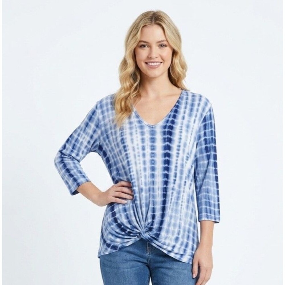 Kahalai Womens L Blue White Tie-Dye Hooded V-Neck 3/4 Slv Knot hem  Boho